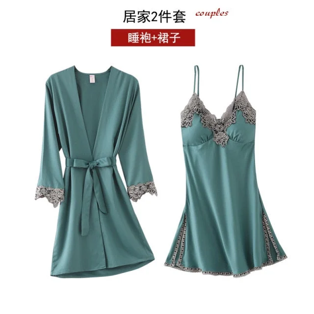 5PC Women's Lace Satin Pajama Set