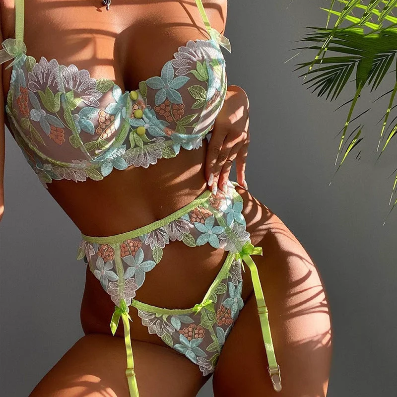 Aria Mesh & Lace Underwired Full Set - Lime