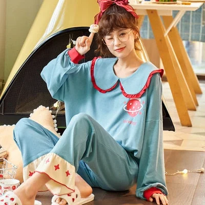 Autumn Cotton Cartoon Pajamas Set Women Pyjamas Sleepwear Loose Long sleeve Pijama Mujer Home Clothes Long Pants Night suit 2pcs