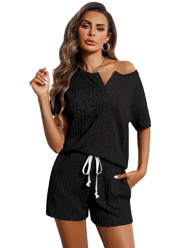 Ekouaer Ribbed Knit Short Sleeve Pajama Sets