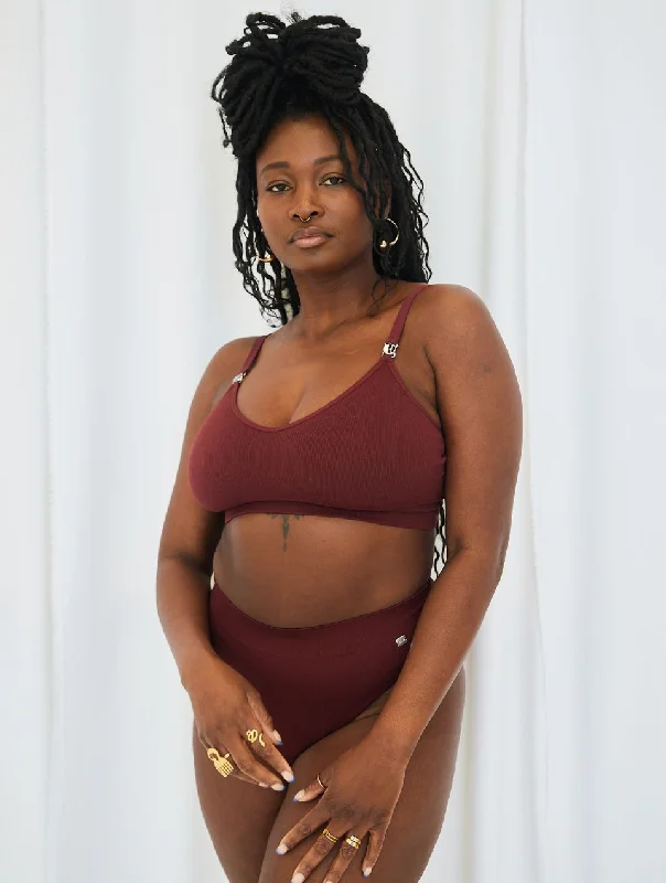 ELLE Seamless Rib Bralette & High Waisted Brief Set - Burgundy