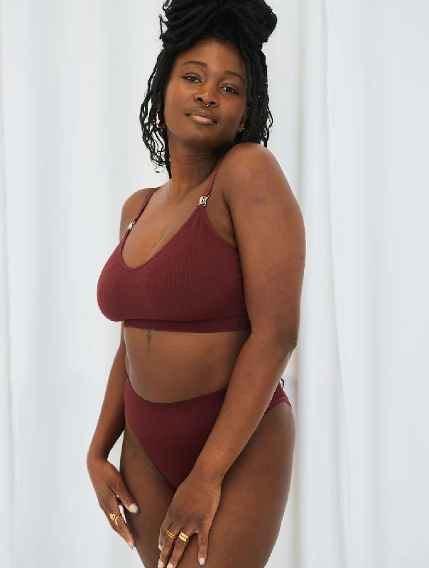 ELLE Seamless Rib Bralette & High Waisted Brief Set - Burgundy