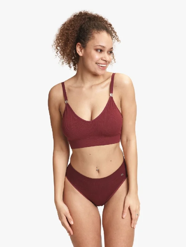 ELLE Seamless Rib Bralette & High Waisted Brief Set - Burgundy