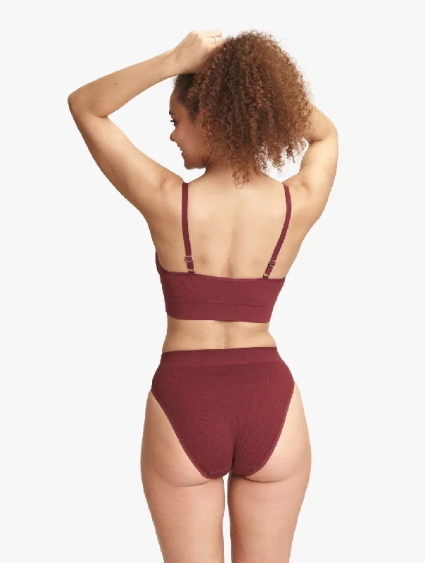 ELLE Seamless Rib Bralette & High Waisted Brief Set - Burgundy