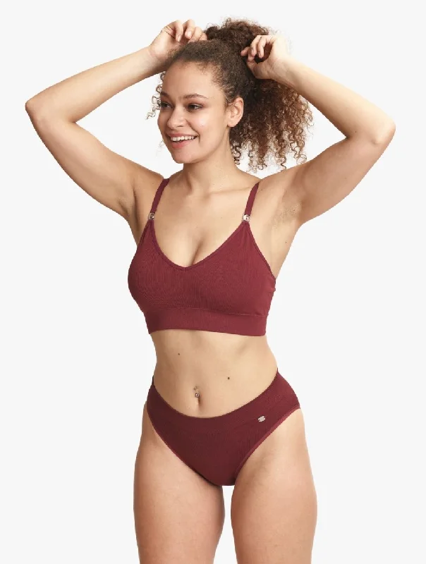 ELLE Seamless Rib Bralette & High Waisted Brief Set - Burgundy