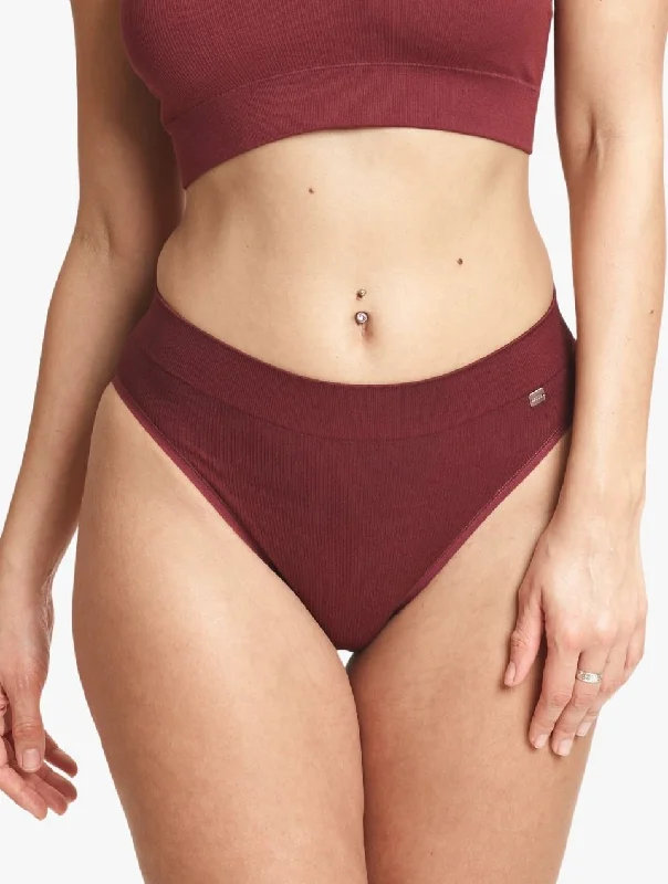 ELLE Seamless Rib Bralette & High Waisted Brief Set - Burgundy