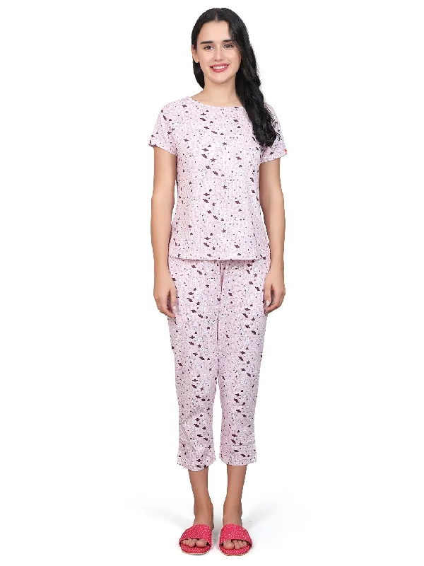 Evolove Women's Cotton Half Sleeves Round Neck Night Suit Set/Top Pyjama Set Super Soft