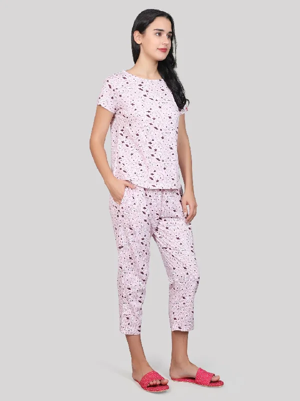 Evolove Women's Cotton Half Sleeves Round Neck Night Suit Set/Top Pyjama Set Super Soft