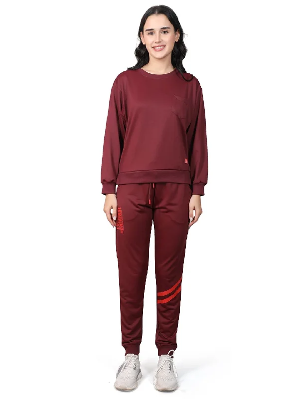 Evolove Women's Polylooper Top Pyjama Set Night Suit Relaxed Lounge Pants with Pockets Track Suit (Red)