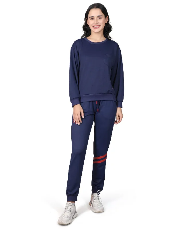 Evolove Women's Polylooper Top Pyjama Set Night Suit Relaxed Lounge Pants with Pockets Track Suit (Navy)