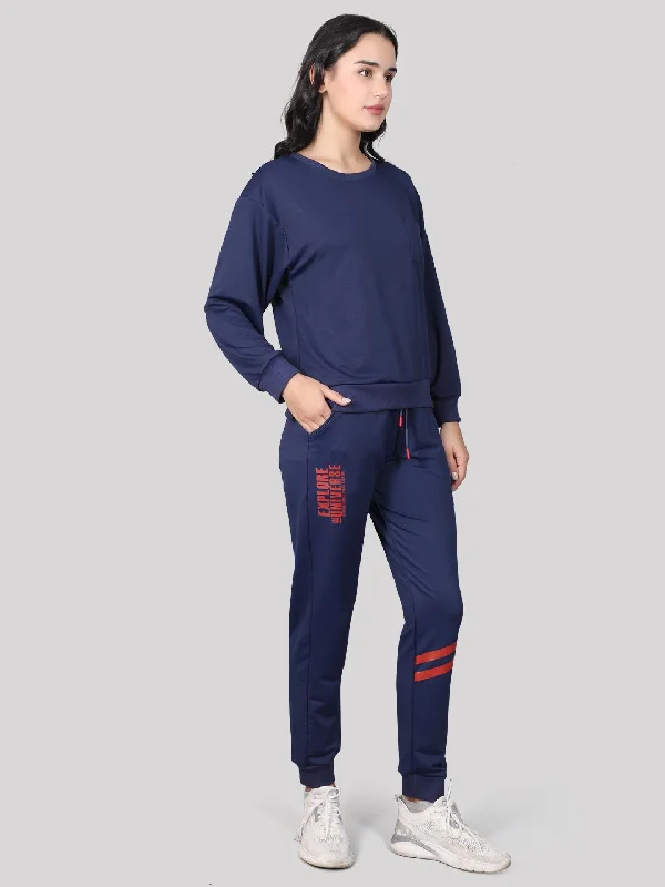 Evolove Women's Polylooper Top Pyjama Set Night Suit Relaxed Lounge Pants with Pockets Track Suit (Navy)