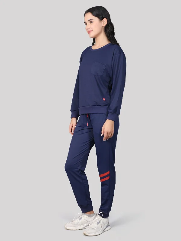 Evolove Women's Polylooper Top Pyjama Set Night Suit Relaxed Lounge Pants with Pockets Track Suit (Navy)