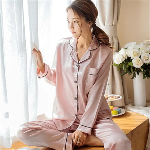 JULY'S SONG 2 Pieces Faux Silk Satin Pajamas Set Autumn Women Sleepwear Long Sleeve Short Sleeve Nightgown Female Ladies Pyjamas