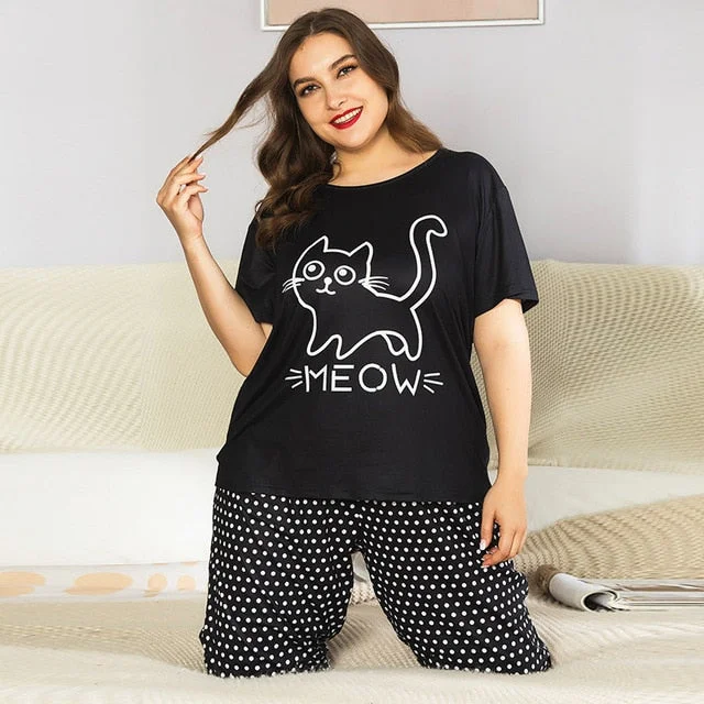 Plus Size Pajama Sets Women Summer Sleepwear Cotton Cute Cartoon Short Sleeve Two Piece Set Homewear Sexy Pjs Lounge Nightwear