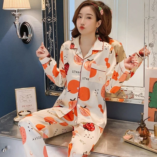 Satin womens pj sets Women Silk Pajamas Pyjamas Set Sleepwear ladies Long Sleeve nightwear Cute Top and Long Pants Pijama suit