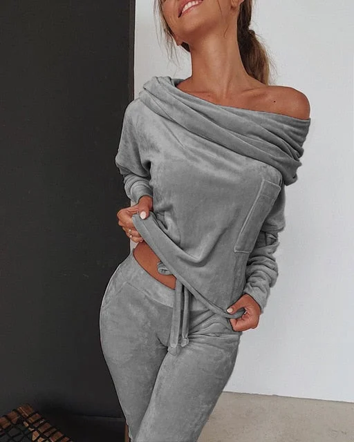 Sweatshirt Women 2 Pieces Set Tracksuit Autumn One Shoulder Suit Pants Sportswear Suede Thick Lounge Suit