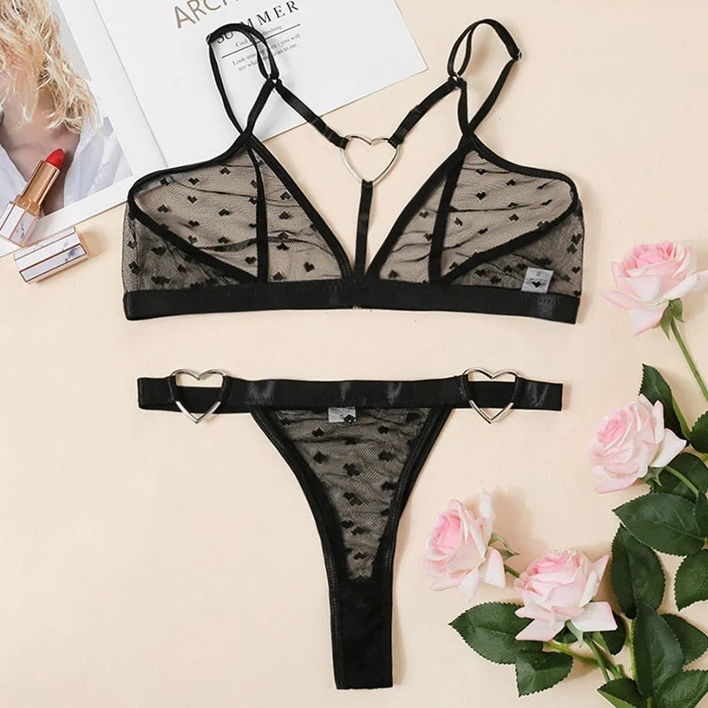 Women Sexy Erotic Lingerie Porn Bra G-String Set See Through Lace Temptation Sleepwear Love Heart Leopard Print Underwear Set