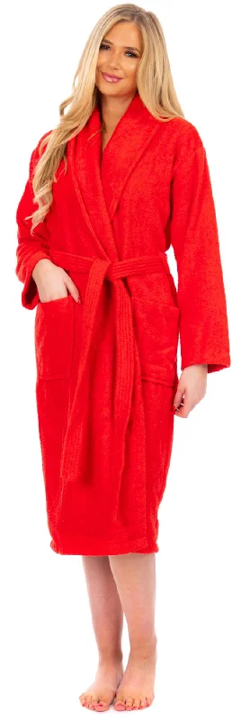 Ladies Red Cotton Towelling Shawl Collar Bathrobe