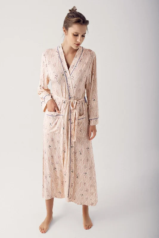 Shopymommy 14501 Patterned Maternity Robe Beige