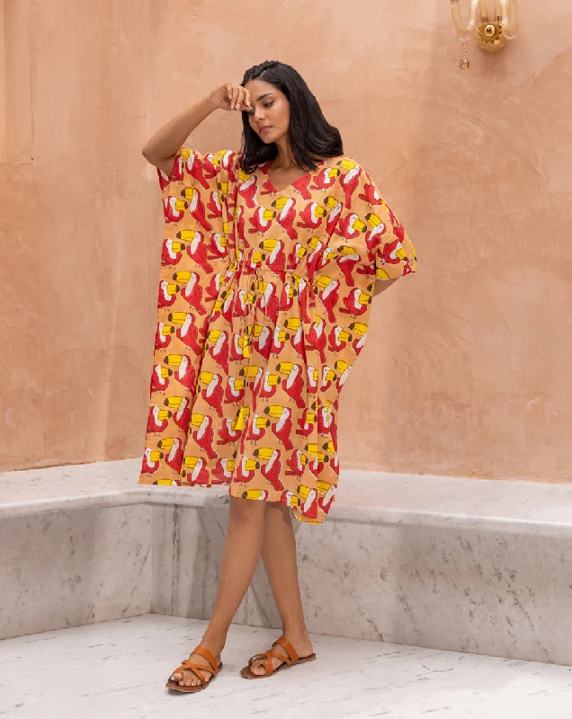 Toucan Hand Block Printed Cotton Kaftan - Midi Length