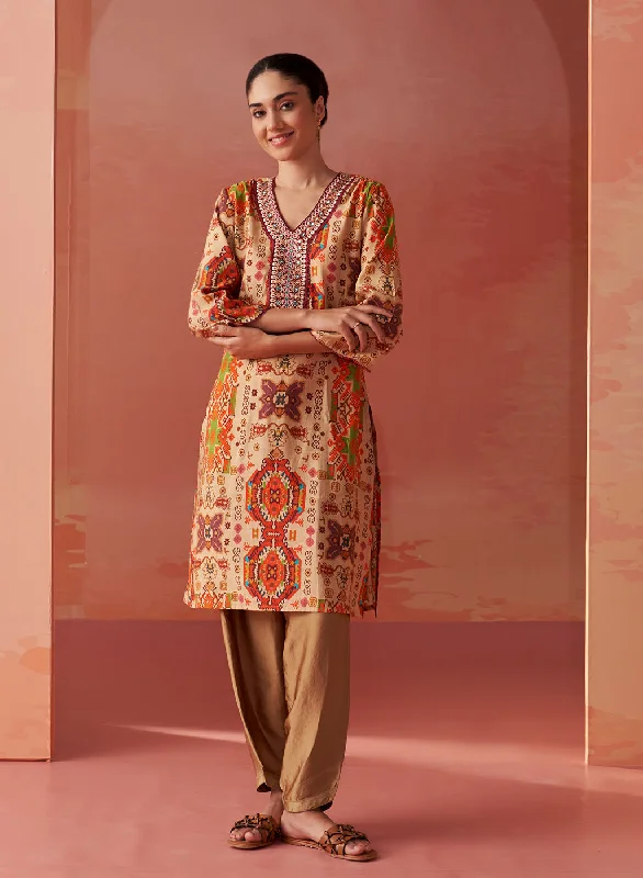 Abeera Beige Printed Chanderi Straight Mirror Work Kurta