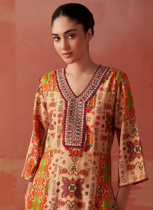 Abeera Beige Printed Chanderi Straight Mirror Work Kurta