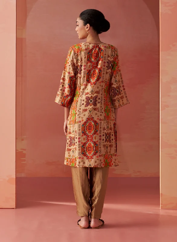 Abeera Beige Printed Chanderi Straight Mirror Work Kurta