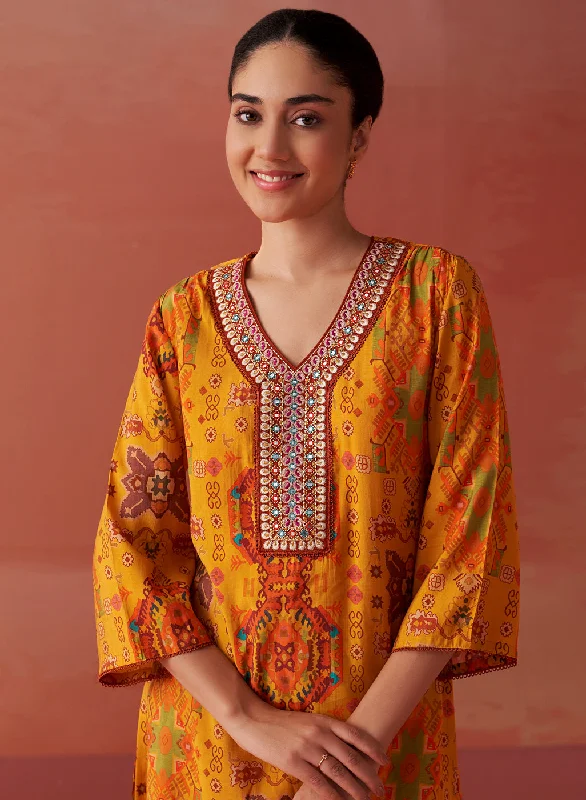 Abeera Mustard Printed Chanderi Straight Mirror Work Kurta