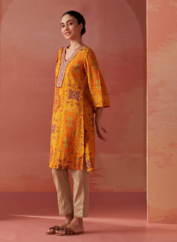 Abeera Mustard Printed Chanderi Straight Mirror Work Kurta