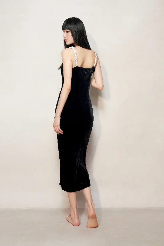 Black Velvet Midi Silk Slip Dress