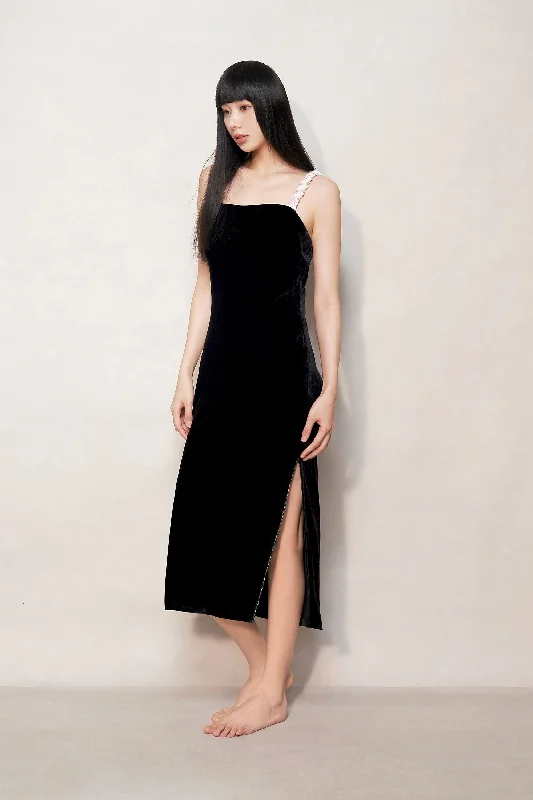 Black Velvet Midi Silk Slip Dress