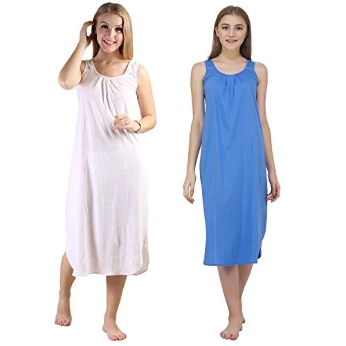 BLAZON Women's Cotton Hosiery Solid Maxi Nighty Slip (Pack of 2) Available Sizes: S, M, L, XL, 2XL, 3XL, 4XL, 5XL - Strawberry Frost, Azure Blue