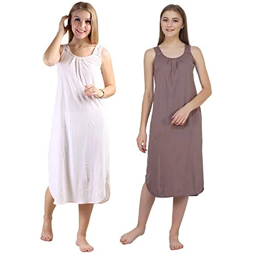 BLAZON Women's Cotton Hosiery Solid Maxi Nighty Slip (Pack of 2) Available Sizes: S, M, L, XL, 2XL, 3XL, 4XL, 5XL - Strawberry Frost, Brownish Grey