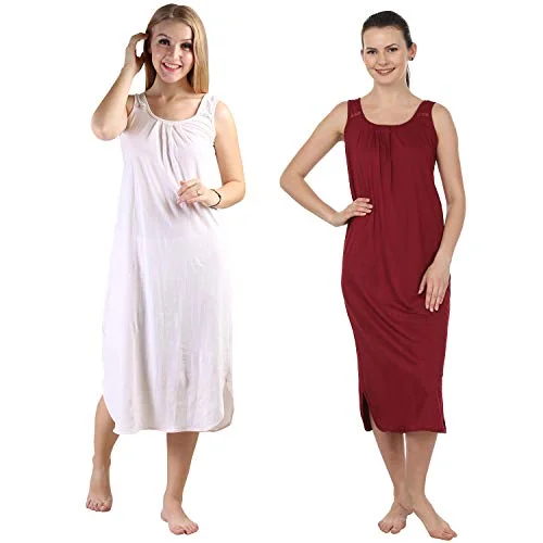 BLAZON Women's Cotton Hosiery Solid Maxi Nighty Slip (Pack of 2) Available Sizes: S, M, L, XL, 2XL, 3XL, 4XL, 5XL - Strawberry Frost, Maroon