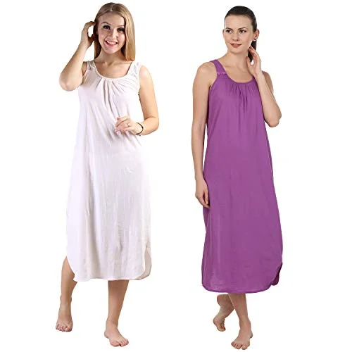 BLAZON Women's Cotton Hosiery Solid Maxi Nighty Slip (Pack of 2) Available Sizes: S, M, L, XL, 2XL, 3XL, 4XL, 5XL - Strawberry Frost, Purple