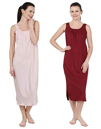 BLAZON Women's Cotton Nighty Slip - Set of 2 (Baby Pink & Maroon)