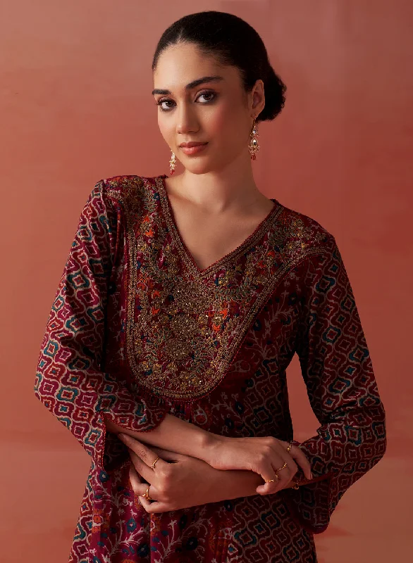 Dilshad Wine Long Printed Kurta for Women