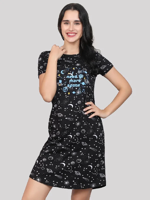 Evolove Women's 100% Cotton Printed Knee Length Casual Regular Short Nightgown (Black)