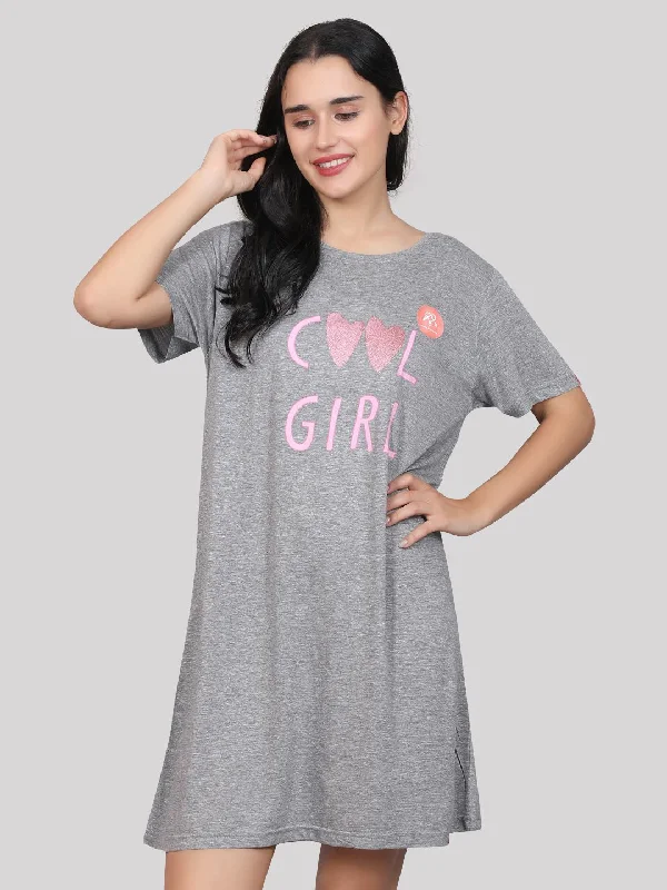 Evolove Women's 100% Cotton Printed Knee Length Casual Regular Short Nightgown (Grey Melange)