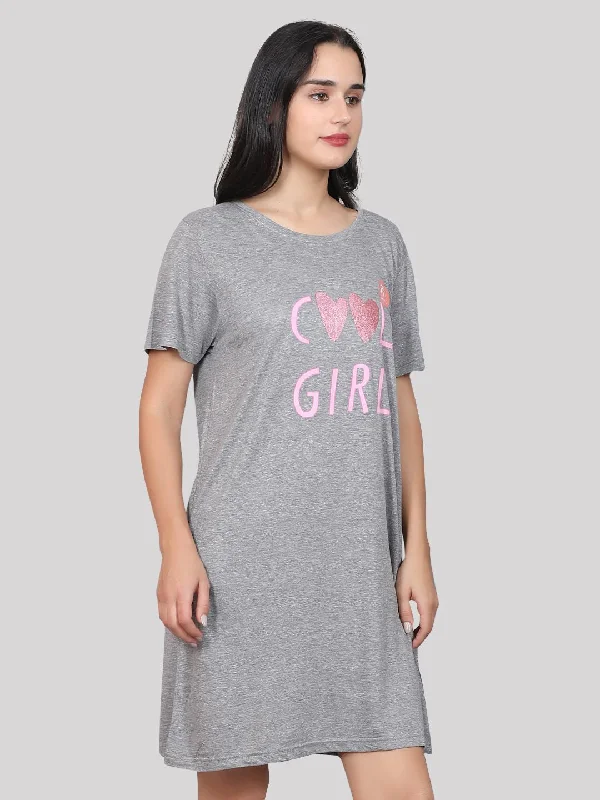 Evolove Women's 100% Cotton Printed Knee Length Casual Regular Short Nightgown (Grey Melange)