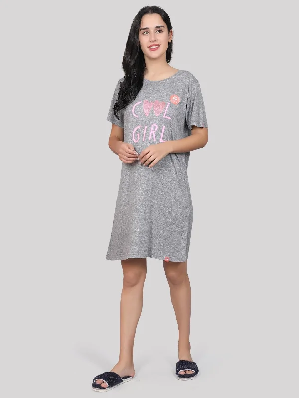 Evolove Women's 100% Cotton Printed Knee Length Casual Regular Short Nightgown (Grey Melange)