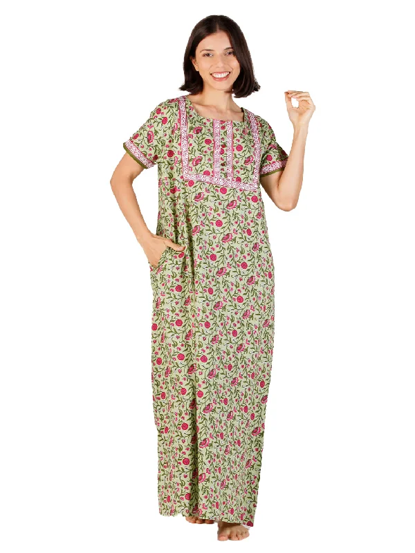 Evolove Women's 100% Cotton Printed Maxi Nightgown Long Nighty Sleepwear for Ladies Super Soft Comfortable Design