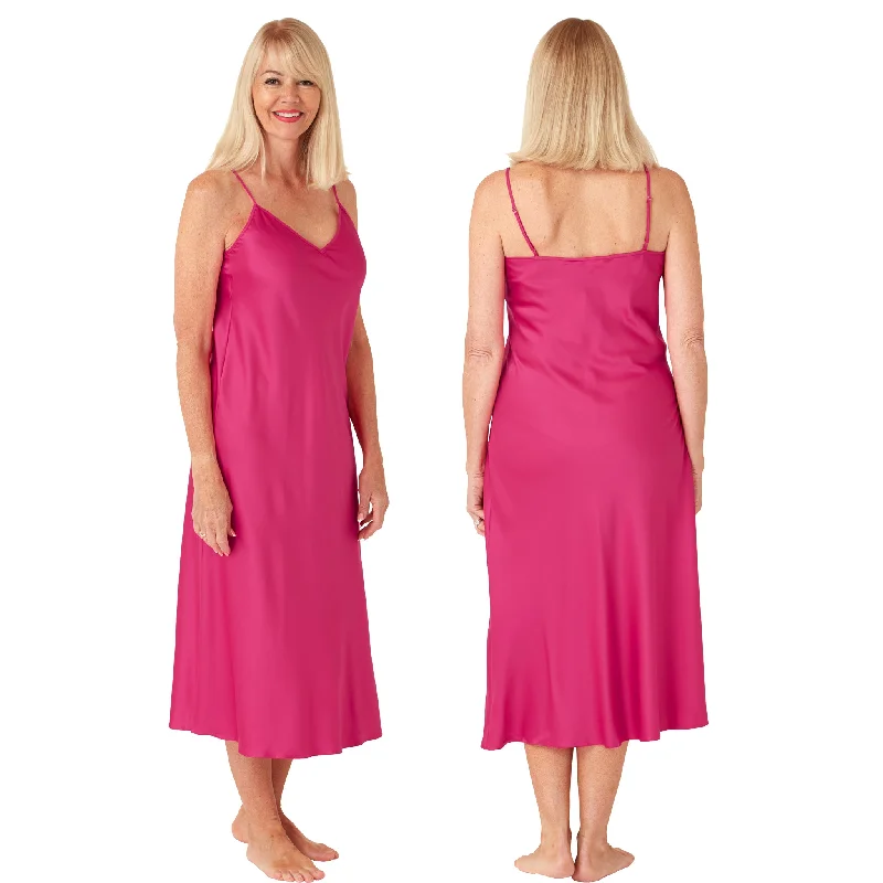 Long Full Length Plain Peony Pink Sexy Satin Chemise Nightdress Negligee Lingerie PLUS SIZE