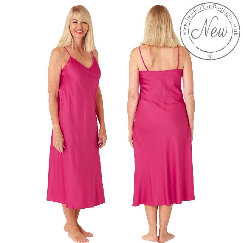 Long Full Length Plain Peony Pink Sexy Satin Chemise Nightdress Negligee Lingerie PLUS SIZE