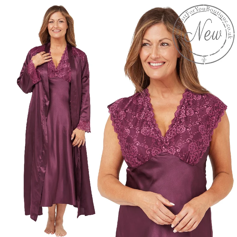 Matching Mulberry Purple Sexy Satin Long Nightdress & Wrap Set Negligee Lingerie PLUS SIZE