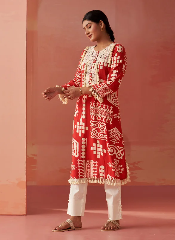 Ravleen Red Printed Long Rayon Kurta