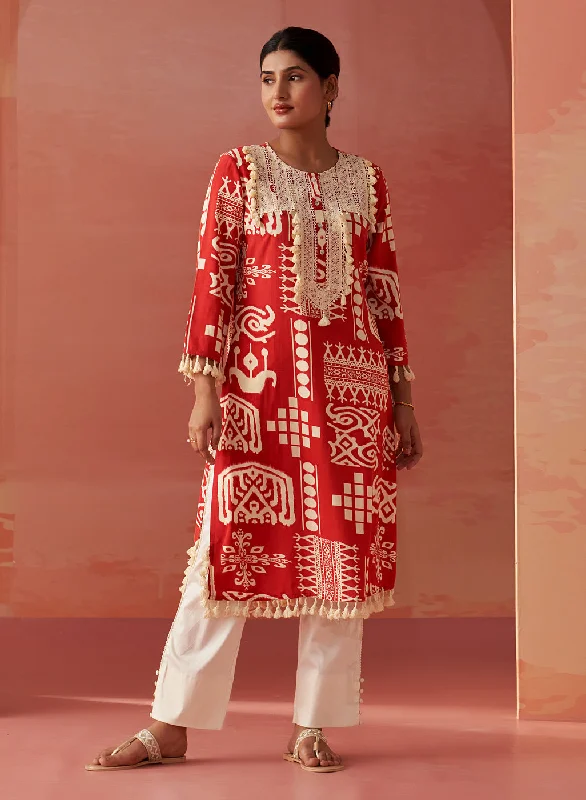 Ravleen Red Printed Long Rayon Kurta