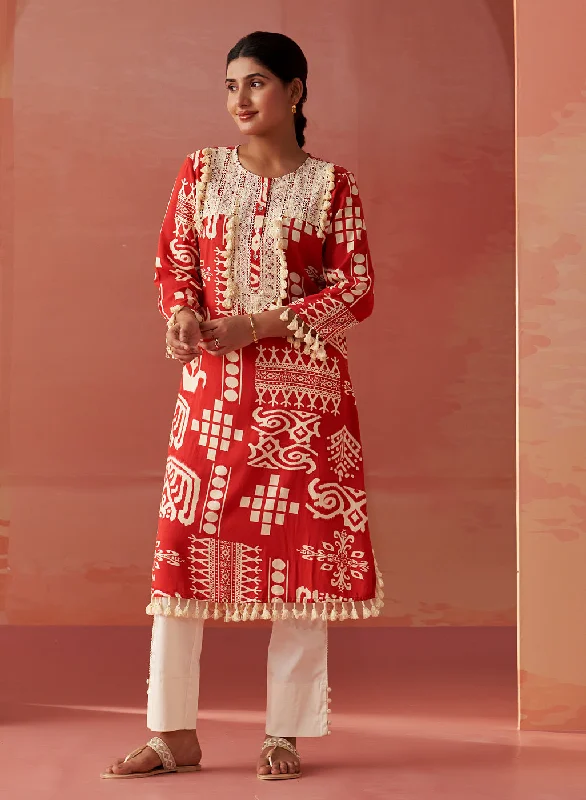 Ravleen Red Printed Long Rayon Kurta