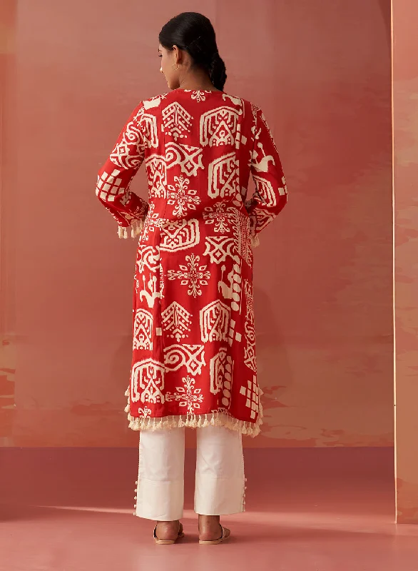 Ravleen Red Printed Long Rayon Kurta