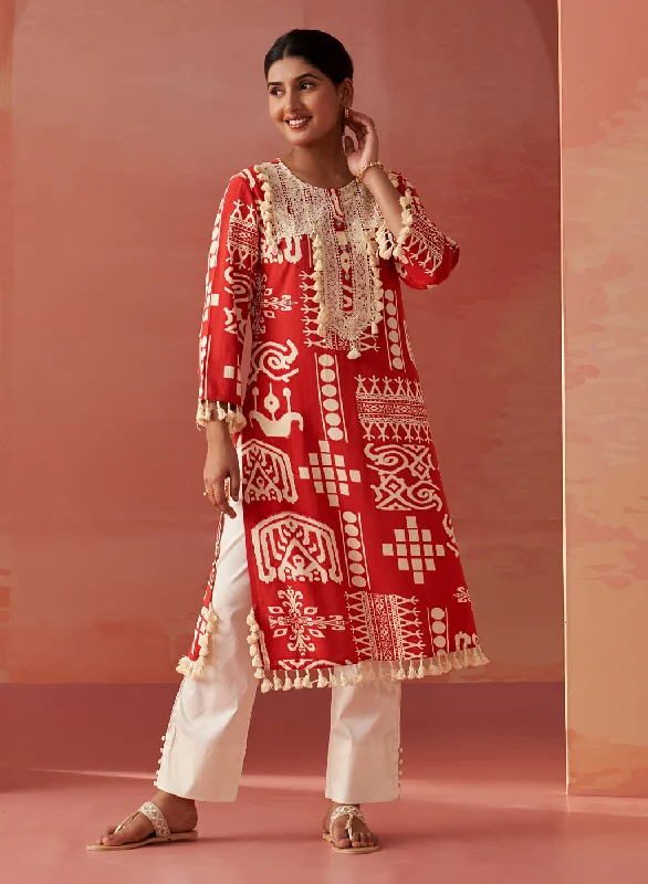 Ravleen Red Printed Long Rayon Kurta